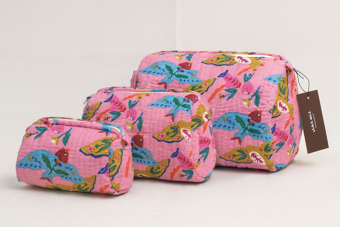 Pink Cotton Toiletry Pouch Set of 3 – Colorful Travel Makeup & Cosmetic Organizer Bags | Handcrafted Print