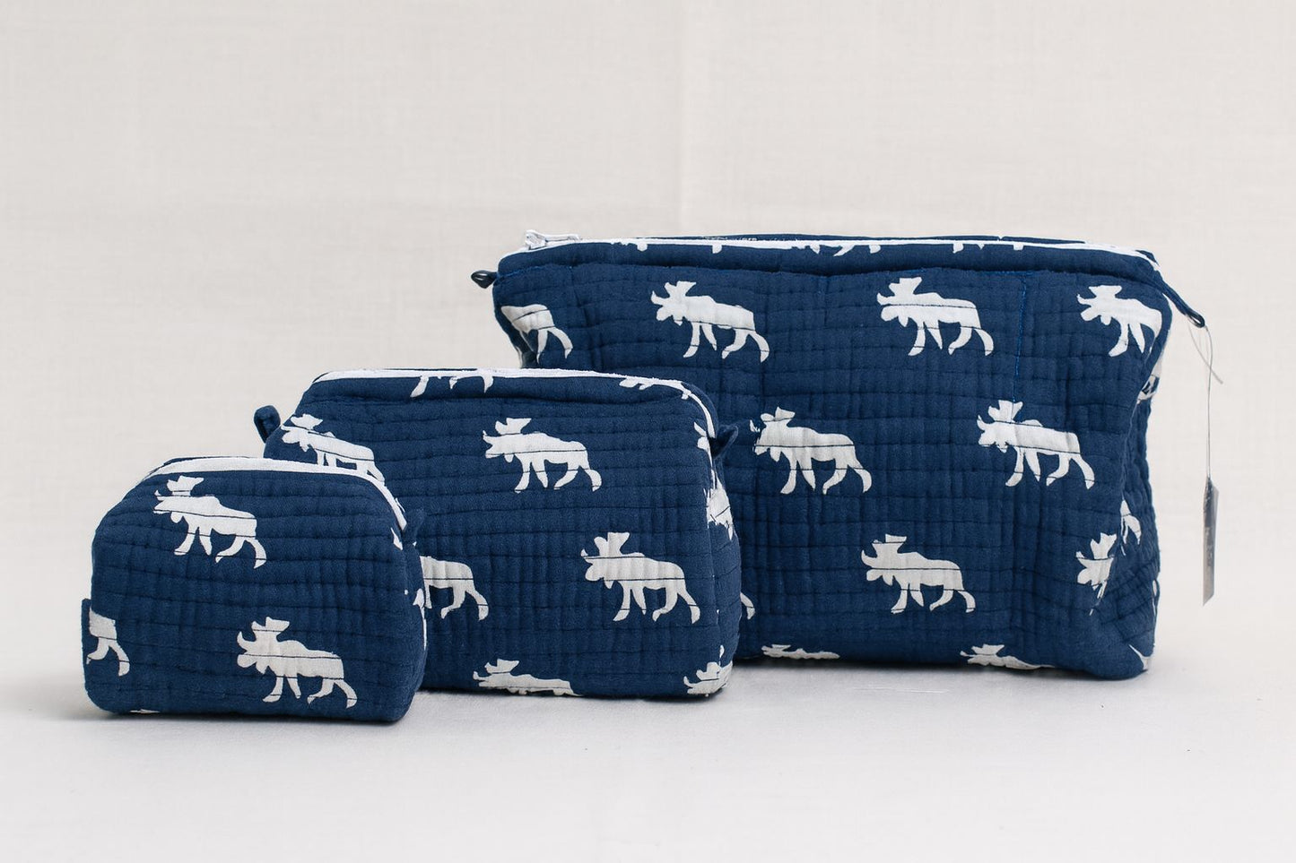 Navy Blue Cotton Toiletry Pouch Set of 3 – Travel Makeup & Cosmetic Organizer Bags with Animal Print