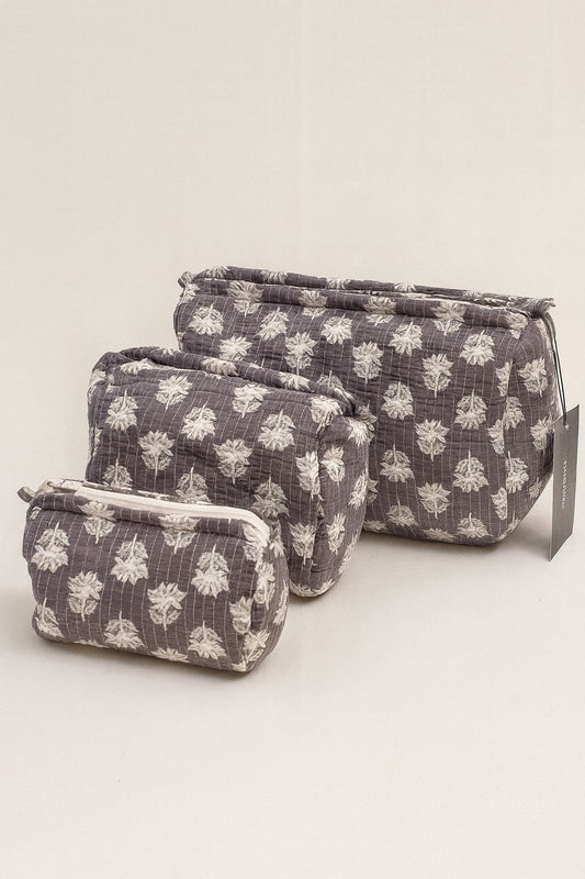 Grey Cotton Toiletry Pouch Set of 3 – Handcrafted Travel Makeup & Cosmetic Organizer Bags