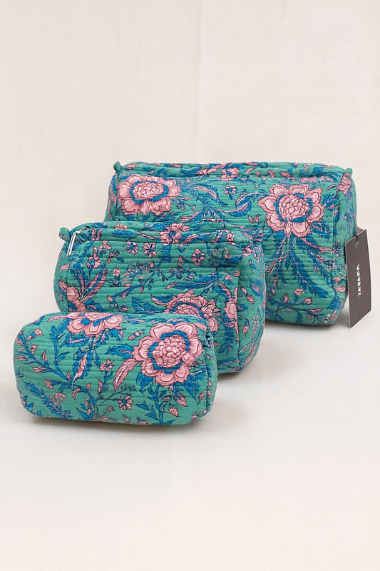 Green Floral Cotton Toiletry Pouch Set of 3 – Handcrafted Travel Makeup & Cosmetic Organizer Bags
