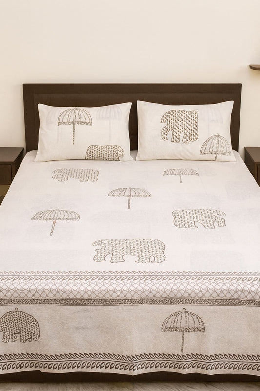Cotton Double Bedsheet with 2 Pillow Covers – Hand Block Print Elephant & Umbrella Design | King Size