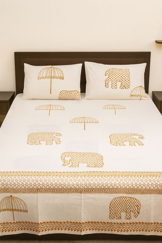 Cotton Double Bedsheet with 2 Pillow Covers – Hand Block Print Elephant & Umbrella Design | King Size