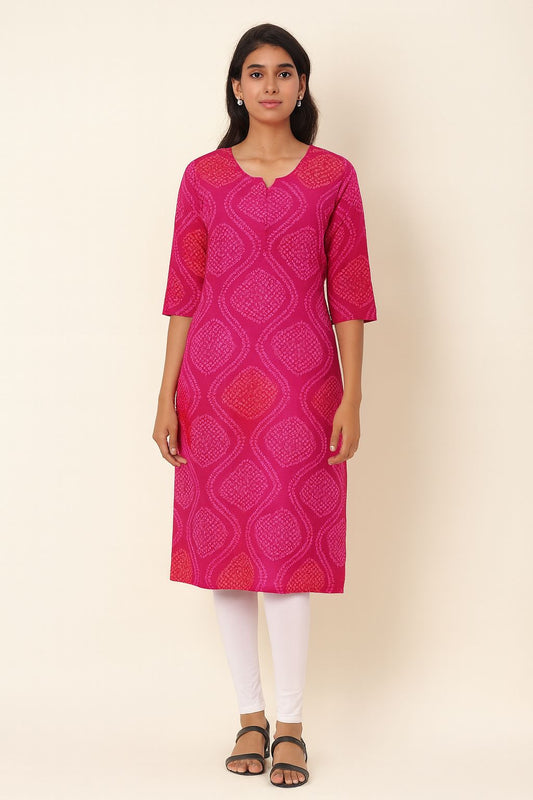 Bright Pink Cotton Printed Kurti for Women – Elegant Daily & Office Wear