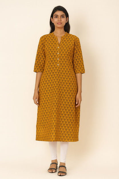 Mustard Yellow Cotton Printed Kurti for Women – Elegant Daily & Office Wear