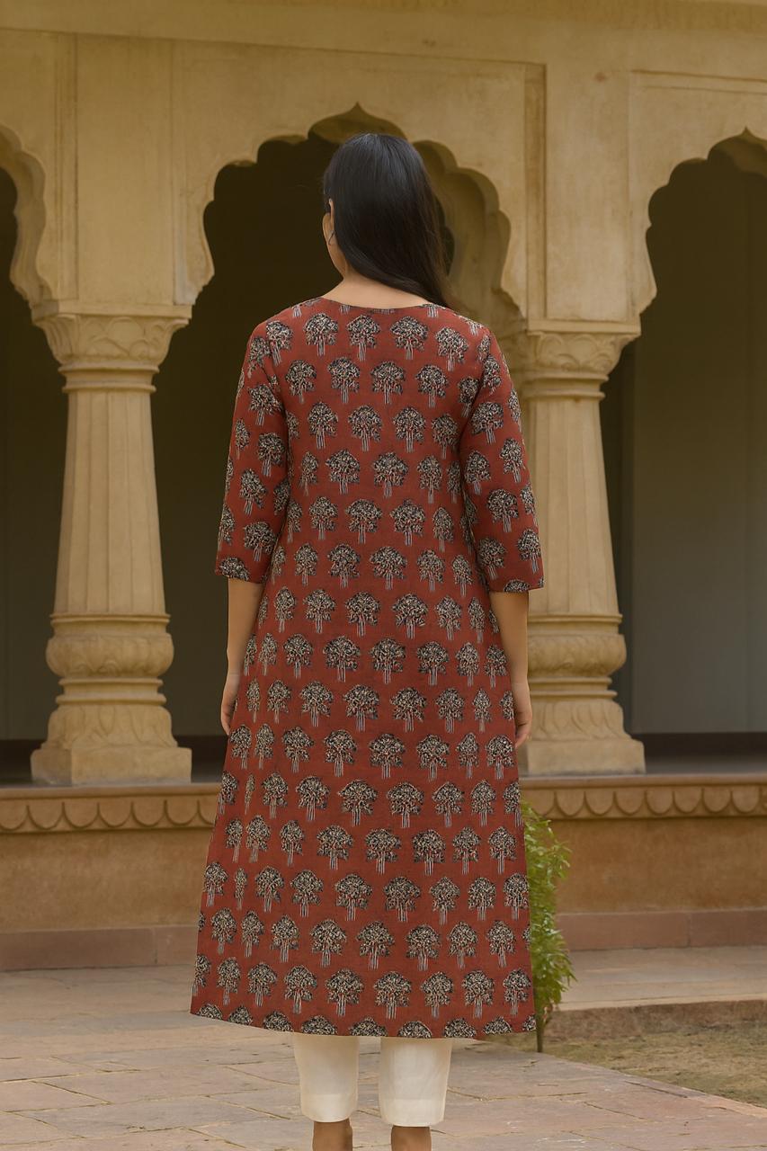 Rust Red Cotton Handblock Printed Kurti for Women – Elegant Ethnic Daily Wear