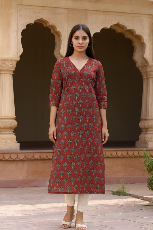 Rust Red Cotton Handblock Printed Kurti for Women – Elegant Ethnic Daily Wear