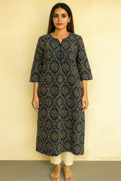 Navy Blue Cotton Printed Kurti for Women – Stylish Ethnic & Office Wear