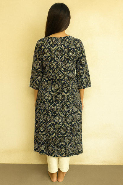 Navy Blue Cotton Printed Kurti for Women – Stylish Ethnic & Office Wear