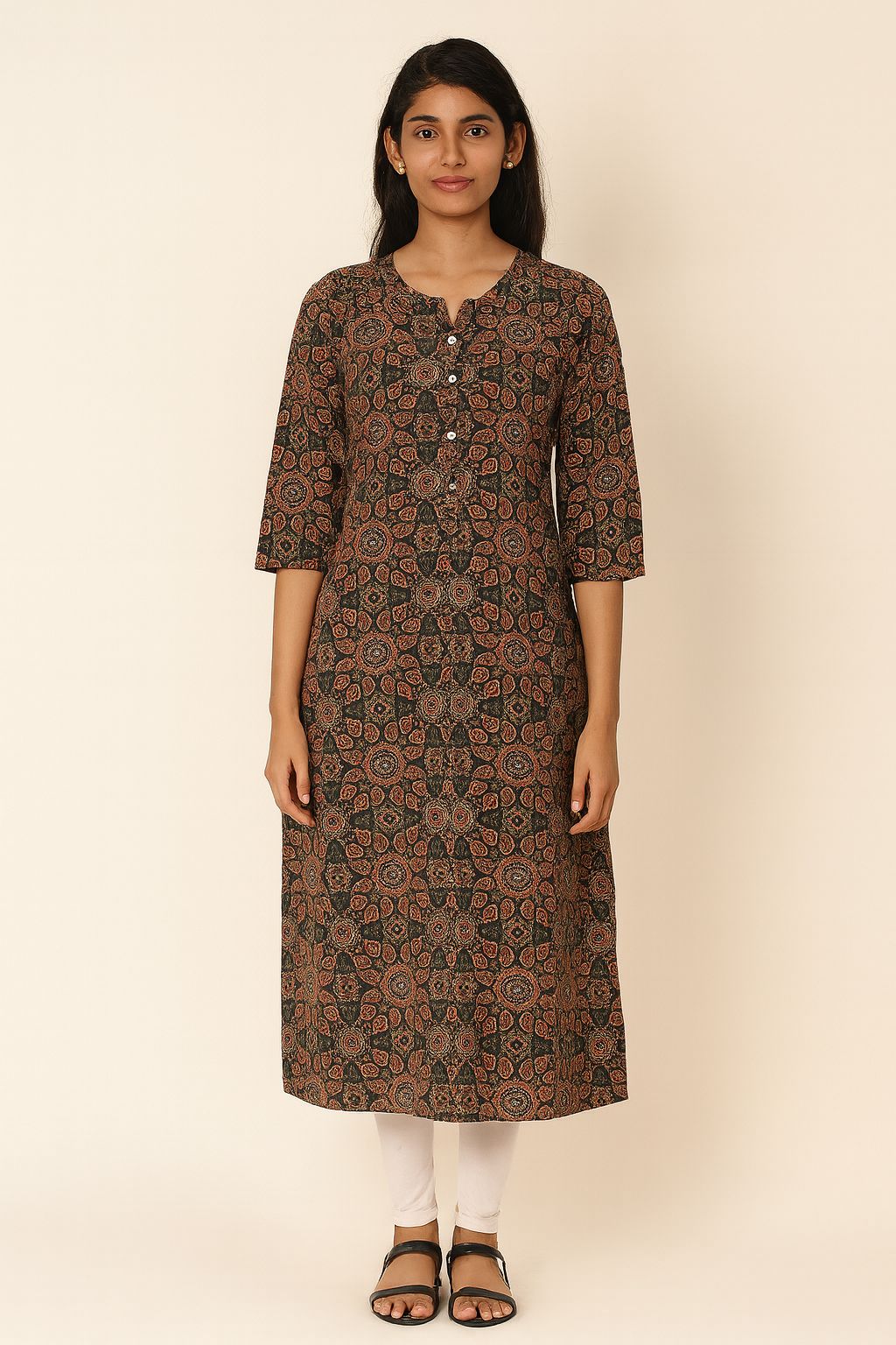 Black & Rust Cotton Printed Kurti for Women – Elegant Handblock Style Daily Wear