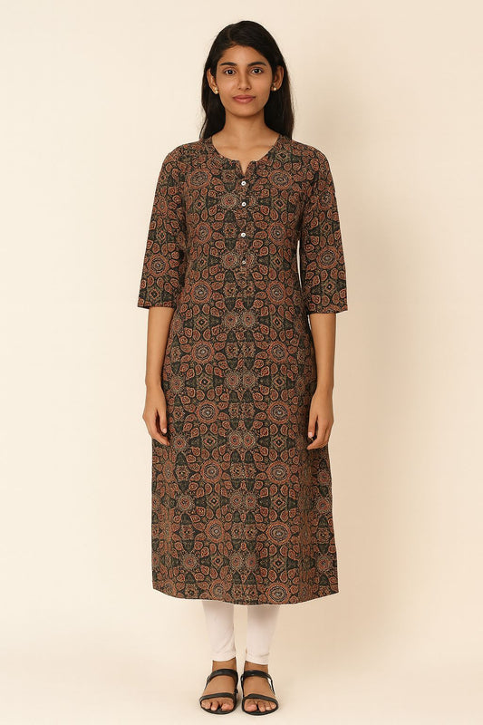 Black & Rust Cotton Printed Kurti for Women – Elegant Handblock Style Daily Wear