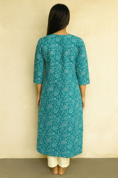 Teal Blue Cotton Printed Kurti for Women – Elegant Floral Ethnic Daily Wear