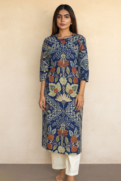 Navy Blue Cotton Floral Printed Kurti for Women – Elegant Ethnic Daily & Office Wear