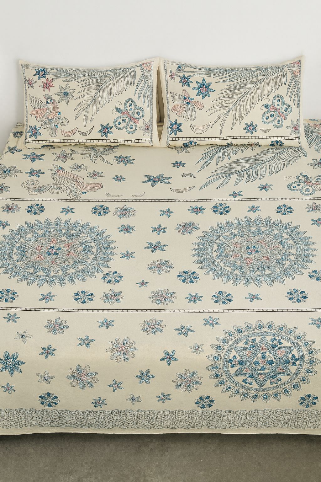 Cotton Double Bedsheet with Pillow Covers – Beige Floral & Butterfly Printed Design