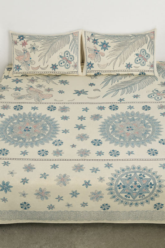 Cotton Double Bedsheet with Pillow Covers – Beige Floral & Butterfly Printed Design