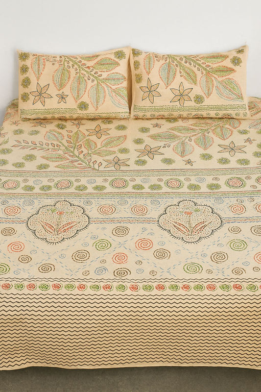 Cotton Double Bedsheet with Pillow Covers – Beige Leaf & Floral Printed Design