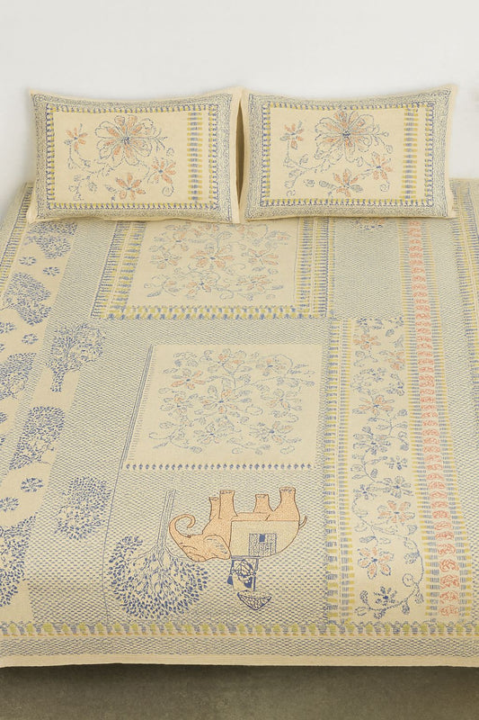 Cotton Double Bedsheet with Pillow Covers – Beige Floral & Elephant Printed Design