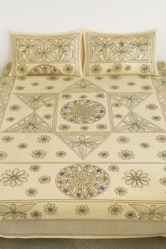 Cotton Double Bedsheet with Pillow Covers – Beige Geometric & Floral Printed Design