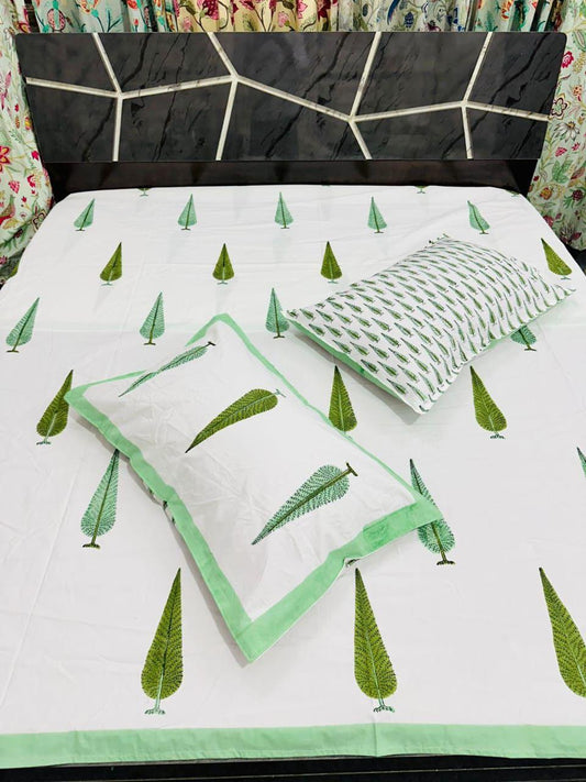 Premium Cotton Double Bedsheet with Green Tree Print | Soft & Breathable Fabric with Matching Pillow Covers