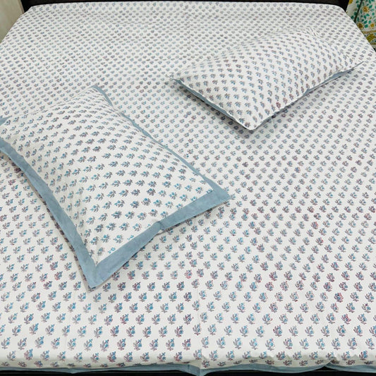 Elegant Cotton Double Bedsheet with Blue Floral Print | Soft & Breathable Fabric with Matching Pillow Covers