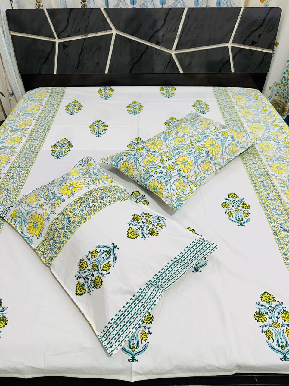 Cotton Double Bedsheet with Yellow & Blue Floral Print | Soft & Durable Fabric with Matching Pillow Covers