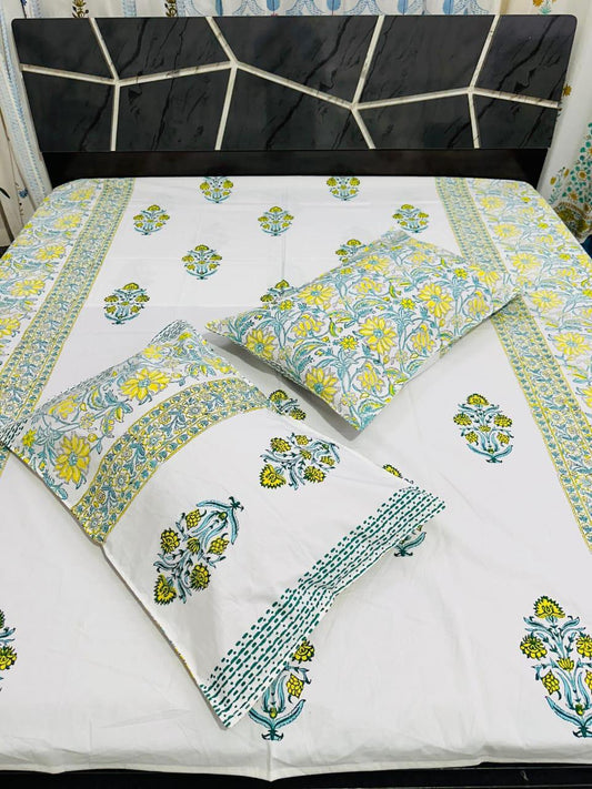 Cotton Double Bedsheet with Yellow & Blue Floral Print | Soft & Durable Fabric with Matching Pillow Covers