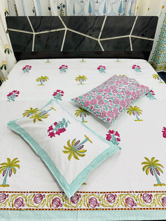 Cotton Double Bedsheet with Palm Tree & Floral Print | Soft Breathable Fabric with Matching Pillow Covers