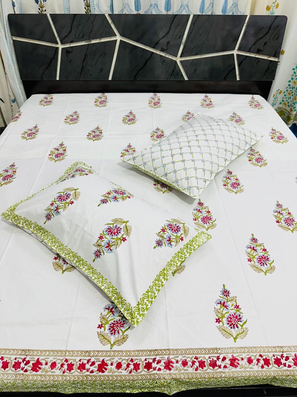 Cotton Double Bedsheet with Red & Green Floral Print | Premium Soft Fabric with Matching Pillow Covers
