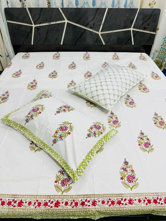 Cotton Double Bedsheet with Red & Green Floral Print | Premium Soft Fabric with Matching Pillow Covers