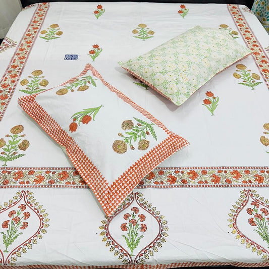 Cotton Double Bedsheet with Orange Floral Print | Soft & Breathable Fabric with Matching Pillow Covers