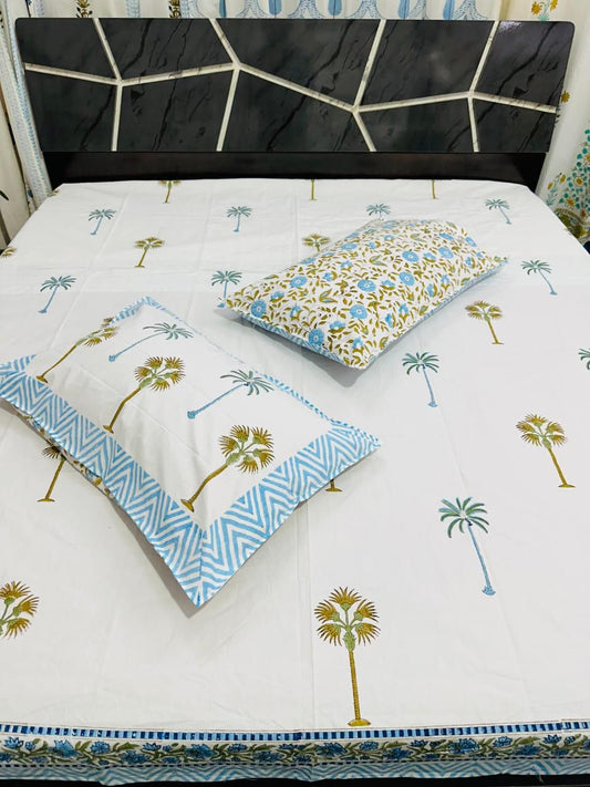 Cotton Double Bedsheet with Blue Palm Tree Print | Soft & Breathable Fabric with Matching Pillow Covers