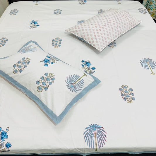 Cotton Double Bedsheet with Blue Floral & Palm Print | Soft Breathable Fabric with Matching Pillow Covers