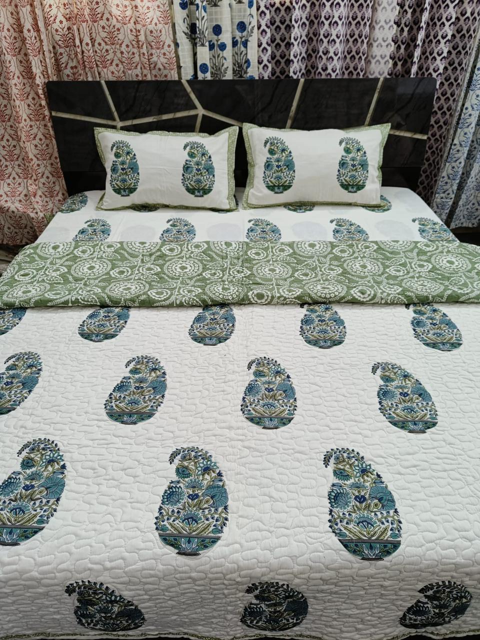Cotton Handblock Printed AC Quilt | 3-Layer Comforter with Fiber Filling | Lightweight & Machine Washable