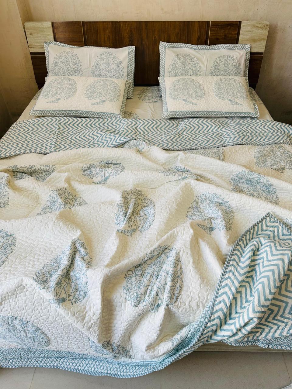 Cotton Handblock Printed AC Quilt | 3-Layer Comforter with Fiber Filling | Lightweight & Machine Washable