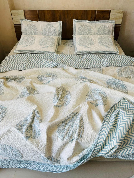 Cotton Handblock Printed AC Quilt | 3-Layer Comforter with Fiber Filling | Lightweight & Machine Washable