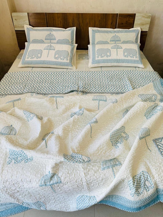 Cotton Handblock Printed AC Quilt Elephant & Umbrella Handblock Print| 3-Layer Comforter with Fiber Filling | Lightweight & Machine Washable