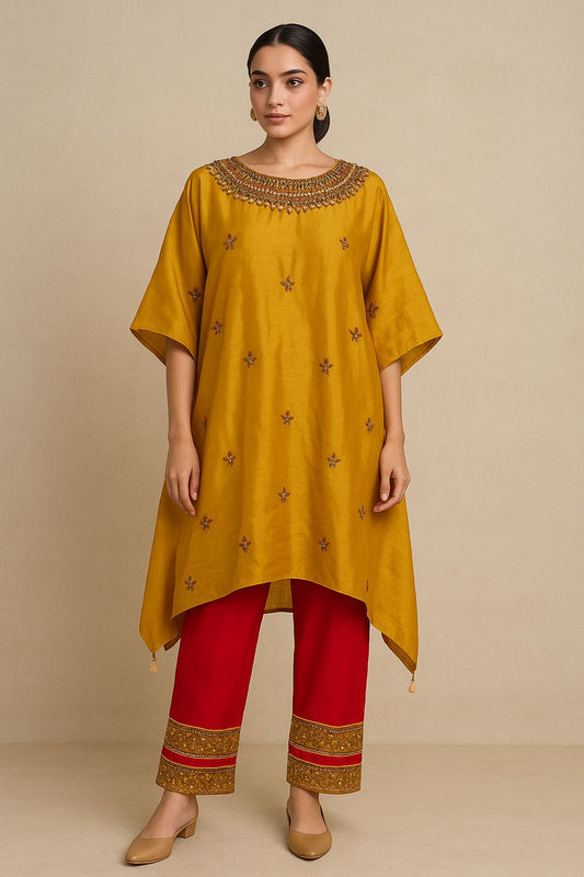 Designer Mustard Yellow Embroidered Kaftan with Red Straight Pants – Festive Ethnic Set for Women
