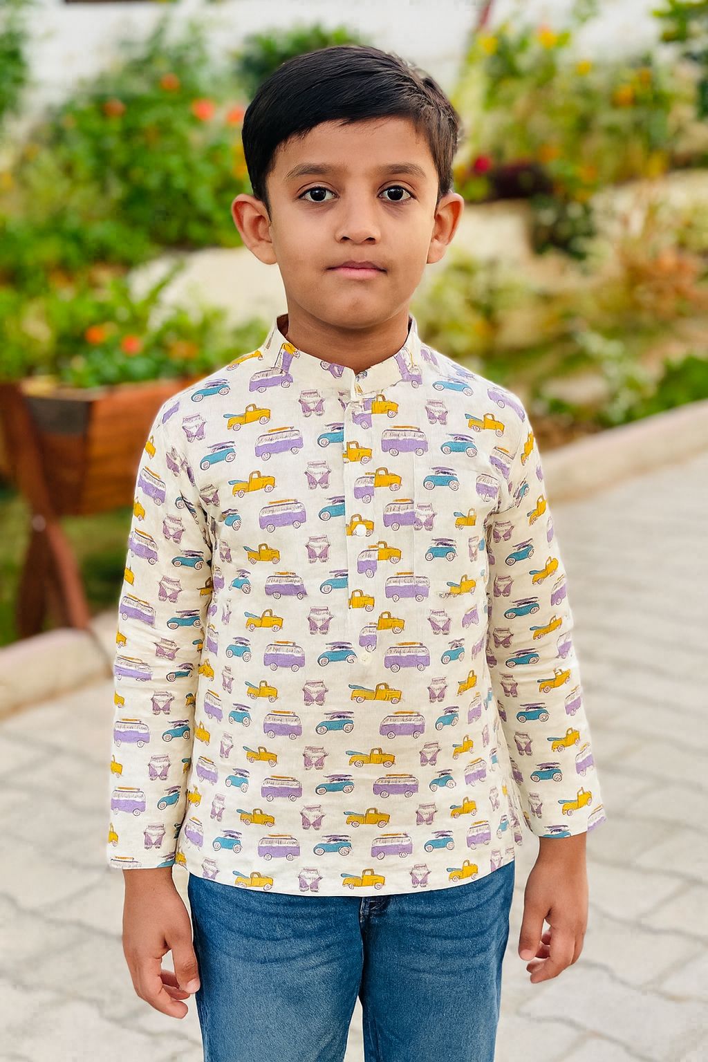 Kids Cotton Printed Kurta with Colorful Car Design – Comfortable Ethnic Wear for Boys