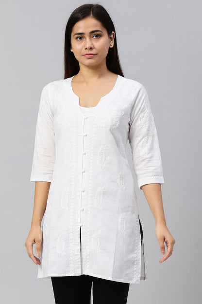 Women’s White Cotton Short Kurti with Elegant Embroidery – Casual & Office Wear