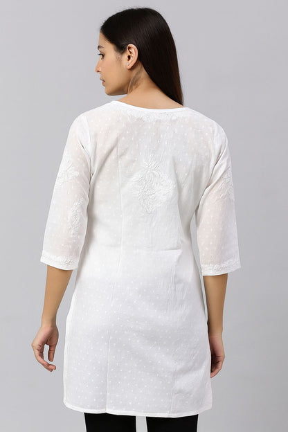 Women’s White Cotton Short Kurti with Elegant Embroidery – Casual & Office Wear