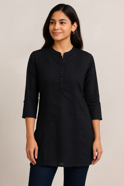 Women’s Black Cotton Short Kurti with Mandarin Collar & 3/4 Sleeves – Elegant Everyday Wear