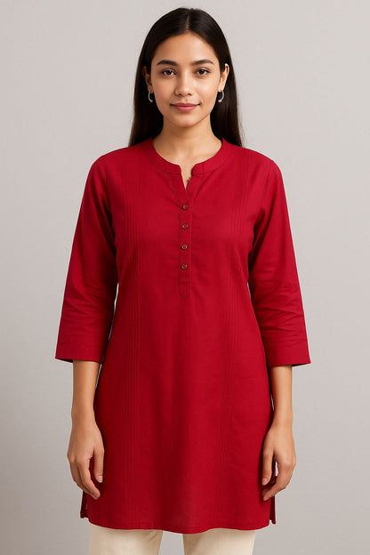 Women’s Red Cotton Short Kurti with Mandarin Collar & 3/4 Sleeves – Elegant Daily Wear