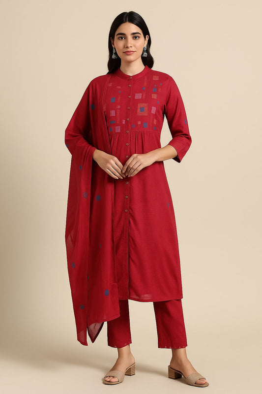 Women’s Red Cotton Kurti Set with Dupatta – Elegant Ethnic Wear for Festive & Casual Look