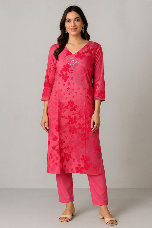 Women’s Pink Muslin Kurti Set with Floral Print – Elegant Ethnic Wear for Festive & Casual Look