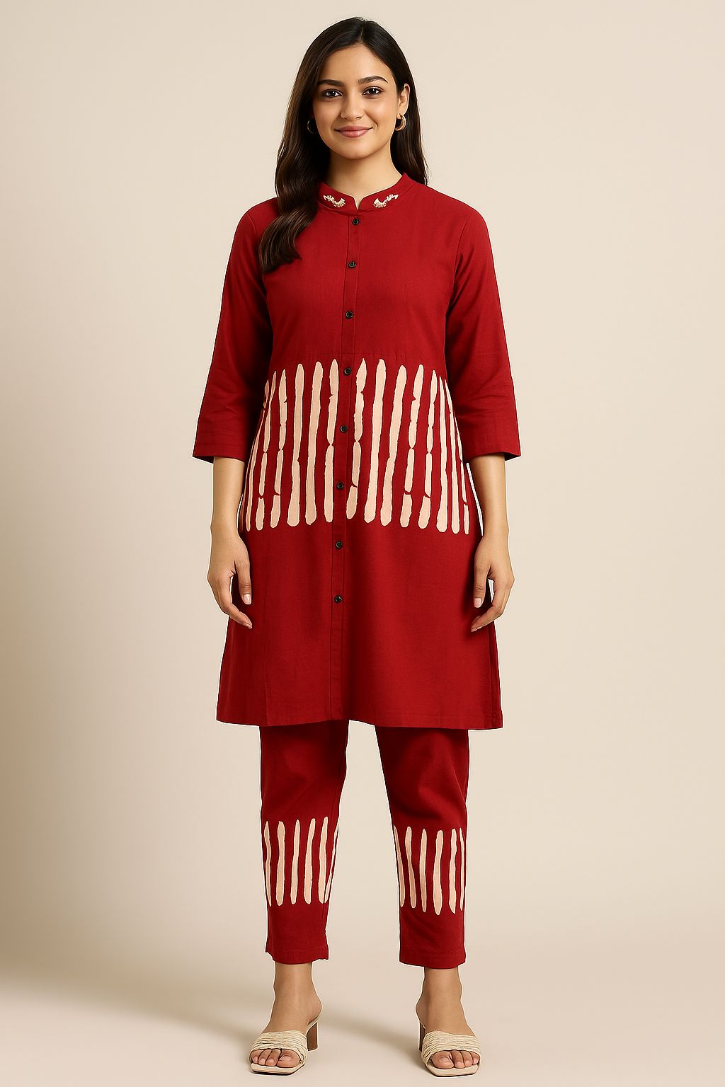 Women’s Red Maslin Co-Ord Set with Button-Down Kurta & Printed Pants – Elegant Ethnic Casual Wear