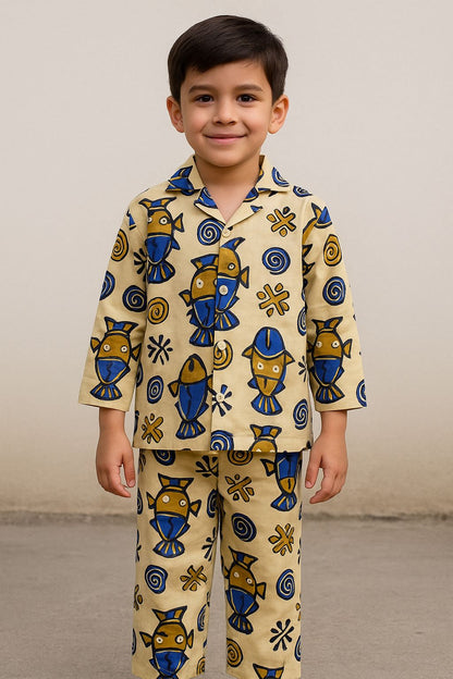 Kids’ Cotton Co-Ord Set with Blue Fish Print – Comfortable Nightwear & Loungewear for Boys and Girls