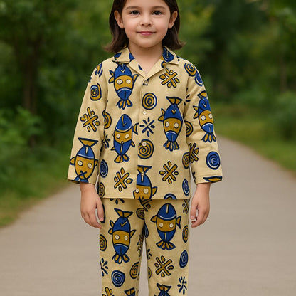 Kids’ Cotton Co-Ord Set with Blue Fish Print – Comfortable Nightwear & Loungewear for Boys and Girls