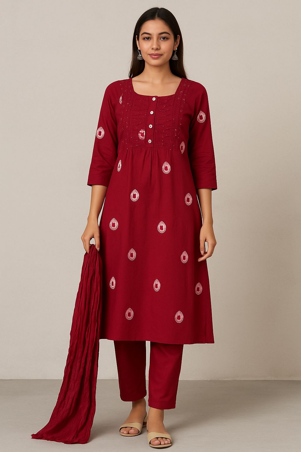 Women’s Maroon Cotton Kurti Set with Dupatta – Elegant Embroidered Ethnic Wear for Festive & Office Look