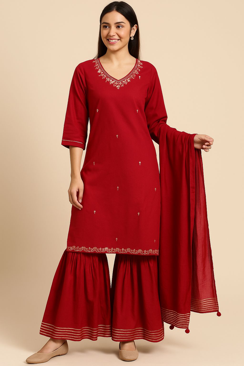 Elegant Red Embroidered Cotton Sharara Set for Women | Festive & Ethnic Wear by Natural Fab