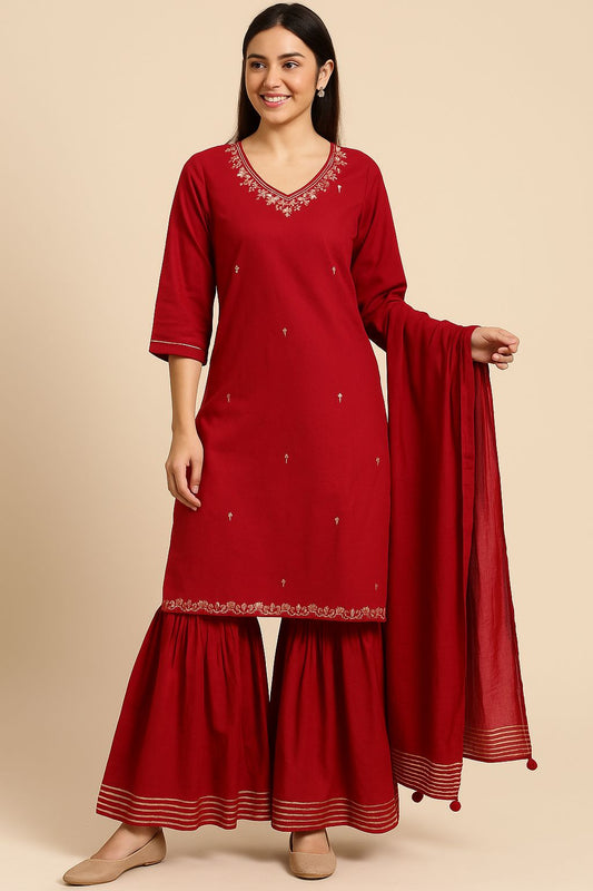 Elegant Red Embroidered Cotton Sharara Set for Women | Festive & Ethnic Wear by Natural Fab