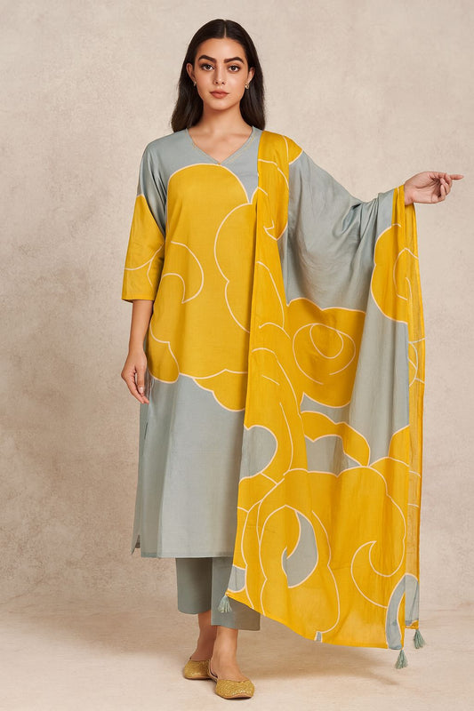 Natural Fab Women’s Cotton Kurti Set with Dupatta – Mustard Yellow & Grey Abstract Print, 3-Piece Elegant Ethnic Outfit